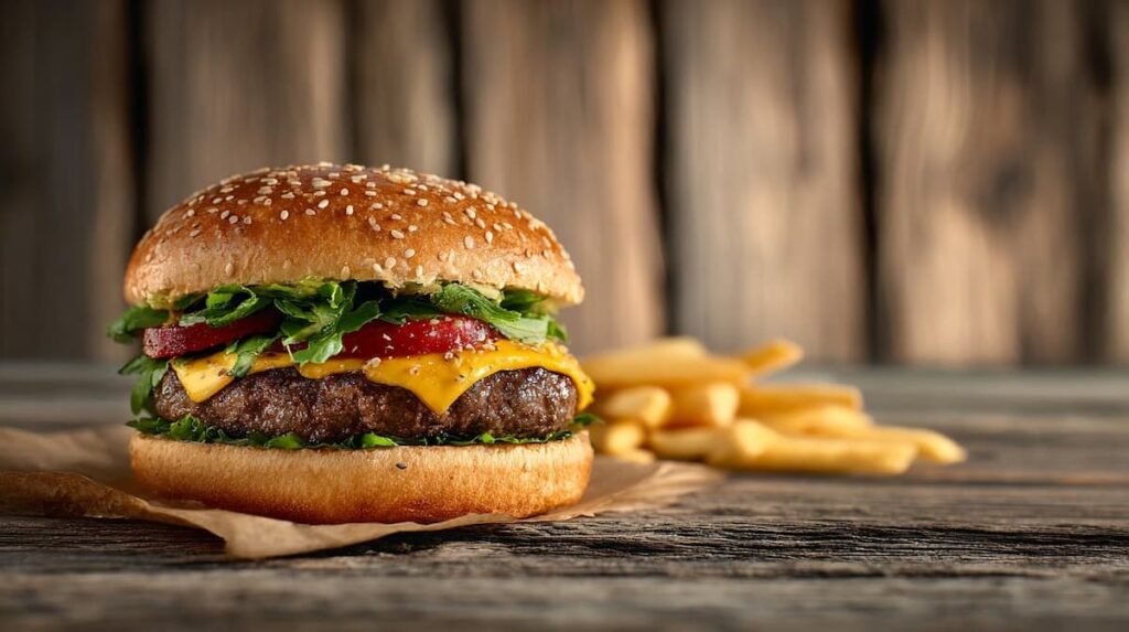 Imagem mostra um delicioso hambúrguer com fritas.